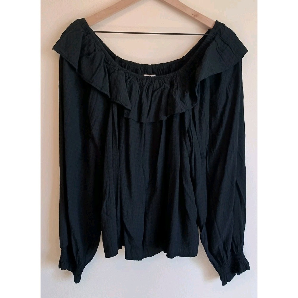 Knox Rose Black Swiss Dot Ruffle Neck Blouse Balloon Sleeve Top M‎ Flowy - Picture 2 of 10